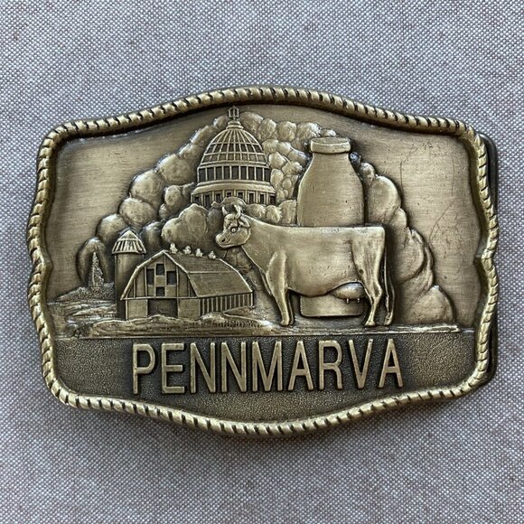 Brass Belt Buckle PENNMARVA Cow Milk Farm Capital Courtesy of Diversey Wyandotte - Picture 2 of 6